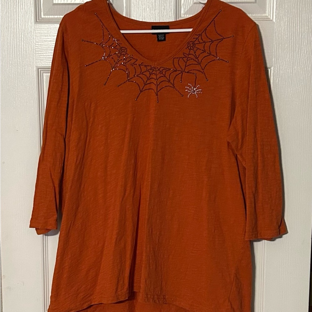 Orange Spider Web Embellished Women's Top - Perfect for Halloween - Picture 2 of 6